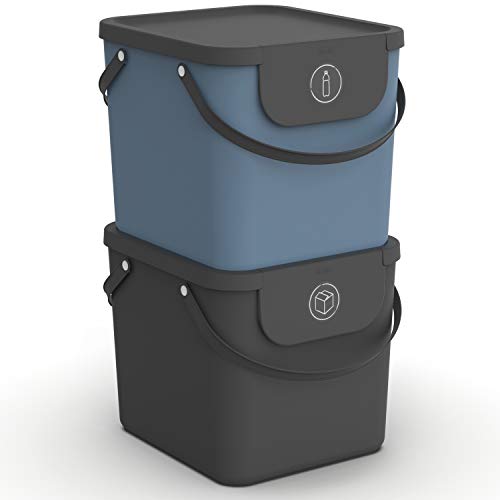 Rotho Albula 2er-Set Mülltrennungssystem 40l für die Küche, Kunststoff (PP) BPA-frei, anthrazit/blau, 2 x 40l (40.0 x 35.8 x 34.0 cm)