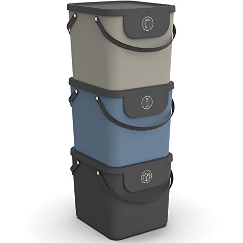 Rotho Albula 3er-Set Mülltrennungssystem 40l für die Küche, Kunststoff (PP) BPA-frei, anthrazit/blau/cappuccino, 3 x 40l (40.0 x 35.8 x 34.0 cm)