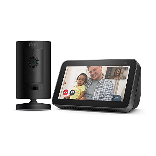 Ring Stick Up Cam Battery von Amazon + Echo Show 5 (2. Generation, 2021) Smart Display mit Alexa | WLAN HD-Überwachungskamera Innen/Aussen mit Gegensprechfunktion, funktioniert mit Alexa
