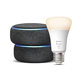 Das Smart-Home-Set: 2 x Echo Dot (3. Gen.), Anthrazit Stoff + Philips Hue White Smart Bulb (E27), Funktionert mit Alexa | smarteres Zuhause, intelligenterer Energieverbrauch