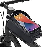 Fahrradtasche Rahmen Fahrrad Handyhalterung Wasserdicht Rahmentasche Lenkertasche Handyhalter Handytasche Oberrohrtasche mit Kopfhörerloch für Smartphone unter 6,8 Zoll (Schwarz)