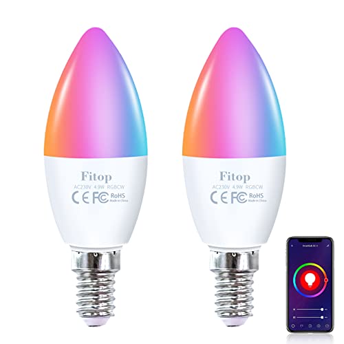 Alexa Smart Glühbirnen, Fitop E14 Wlan LED Lampen Dimmbar Glühbirne 4.9W 470Lm+2200-6500K+RGB 16 Millionen Farben, App Steuern Kompatibel mit Alexa /Google Home, Sprachsteuerung 2 Pack