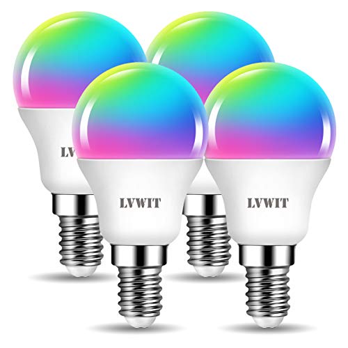 LVWIT E14 Wlan Bluetooth Lampe Alexa RGB, 5W ersetzt 40W, 470lm, WiFi Smart Birne G45, kompatibel mit Alexa, Echo and Google Assistant, dimmbar via Tuya App (4er Pack)