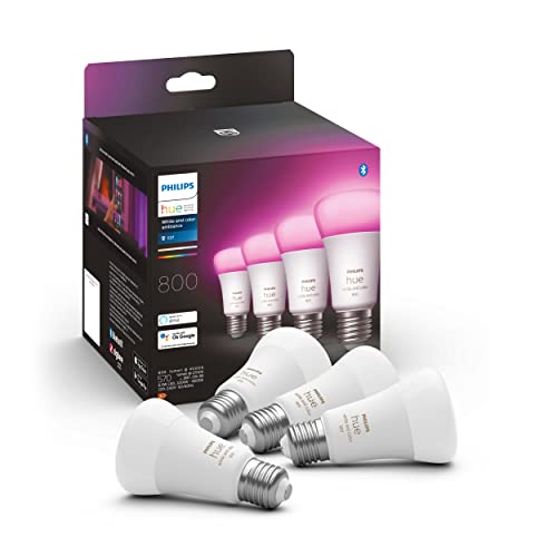Philips Hue White & Col. Amb. E27 LED Lampen 4-er Pack, dimmbar, 16 Mio. Farben, steuerbar via App, kompatibel mit Amazon Alexa (Echo, Echo Dot), Weiß