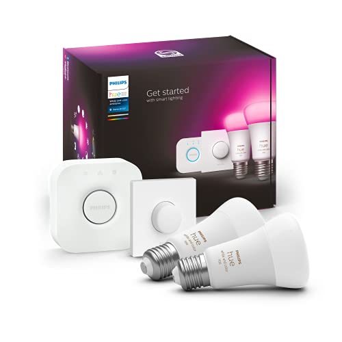 Philips Hue White & Col. Amb. E27 LED Lampe 2-er Starter Set inkl. Smart Button, 16 Mio. Farben, dimmbar steuerbar via App, kompatibel mit Amazon Alexa (Echo, Echo Dot), 9W