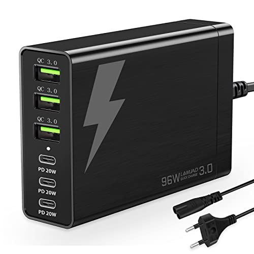 LAMJAD 96W USB Ladestation 6-Port Wandladegerät,Tragbarer Mehrfach...