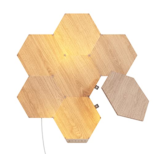 Nanoleaf Elements Hexagon Starter Kit, 7 Smarten Holzoptik LED Panels - Modulare Dimmbare WLAN Wandleuchte Innen, Musik Sync, Funktioniert mit Alexa Google Apple, Deko Wohnzimmer Schlafzimmer Büro