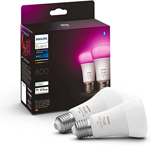 Philips Hue White & Color Ambiance E27 LED Lampe Doppelpack, dimmbar, bis zu 16 Millionen Farben, steuerbar via App, kompatibel mit Amazon Alexa (Echo, Echo Dot) Weiß, 2 Stück (1er Pack)