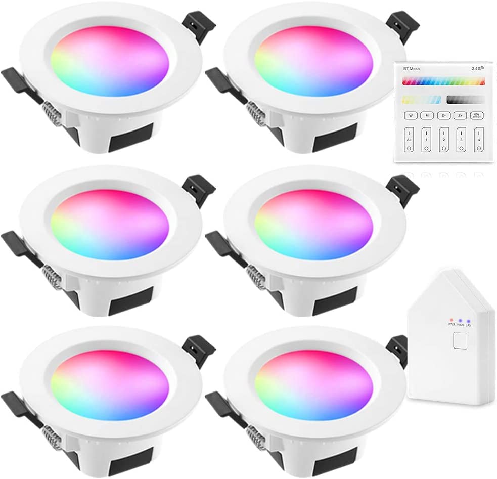 6er Bluetooth WIFI 9W Led Einbauleuchten Einbaustrahler 230V 700lm RGBCW Dimmbar Smart Deckenspots Einbauspot Led Spots Flach Downlight mit Smart Panel,Smart Bridge,Kompatibel mit Alexa/Google Home