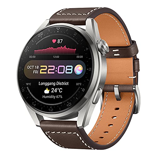 HUAWEI WATCH 3 Pro - 4G Smartwatch, 1.43'' AMOLED Display, eSIM Telefonie, 5 Tage Akkulaufzeit, 24/7 SpO2 & Herzfrequenzmessung, GPS, 5ATM, 30 Monate Garantie, braunes Lederarmband