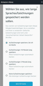 Amazon Alexa Dauer der gespeicherten Sprachaufzeichnung wählen