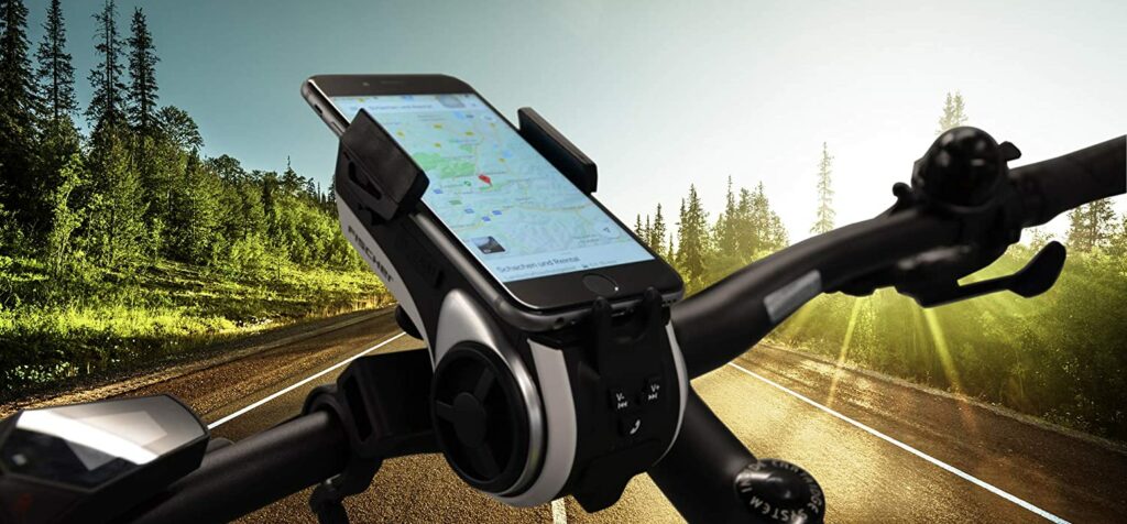 Fischer Smartphone-Halter mit integrierter Powerbank und Musikbox